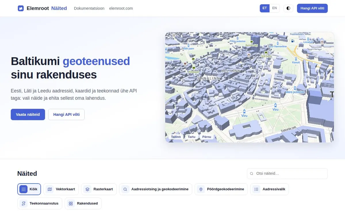 Näidete galerii avaleht: Baltikumi geoteenused sinu rakenduses, 3D-kaart ja näidete loend