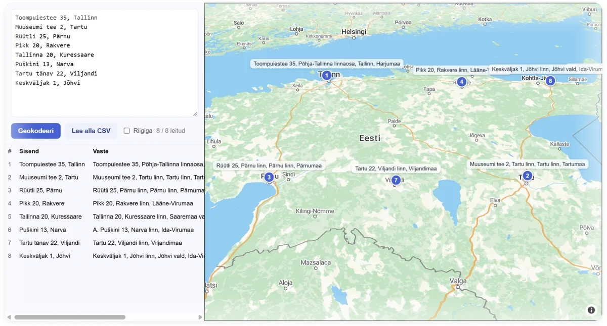 Aadressinimekiri geokodeeritud ja kaardil numbritega märgitud