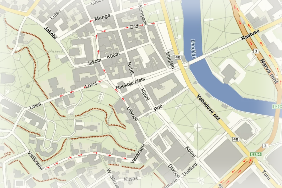 Sama koht Tartu kesklinnas Elemrooti rasterkaardil