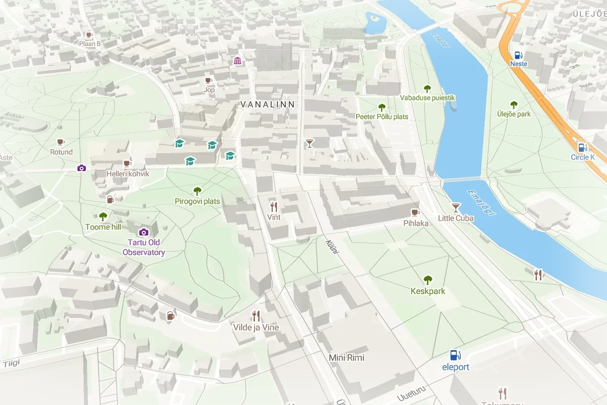 Tartu kesklinn Elemrooti vektorkaardil kaldvaates, 3D-hooned