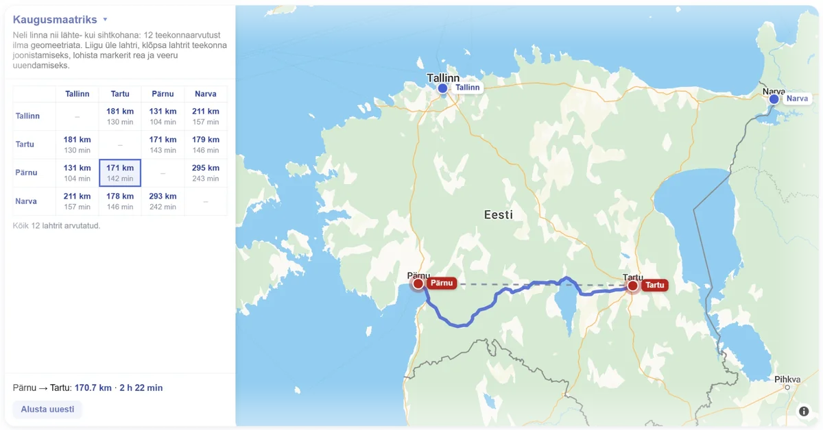 Arvutatud teekond Tartust Tallinna Elemrooti kaardil